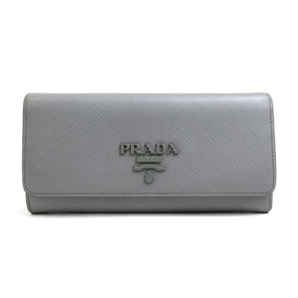 Auth PRADA Logo Bifold Long Wallet Gray Leather - - Picture 1 of 12